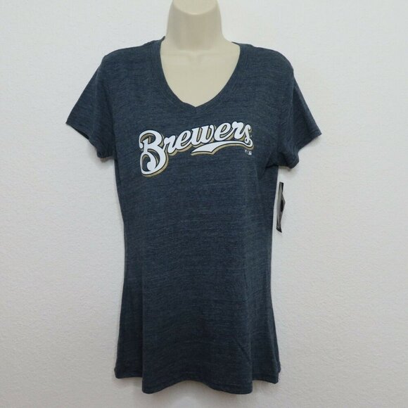 Fanatics Women Small Milwaukee Brewers Baseball V Neck Heathered Blue Shirt NEW - Picture 7 of 7